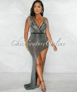 Chic Couture Online Kelby Black Mesh Rhinestones Side Slit Maxi Dress