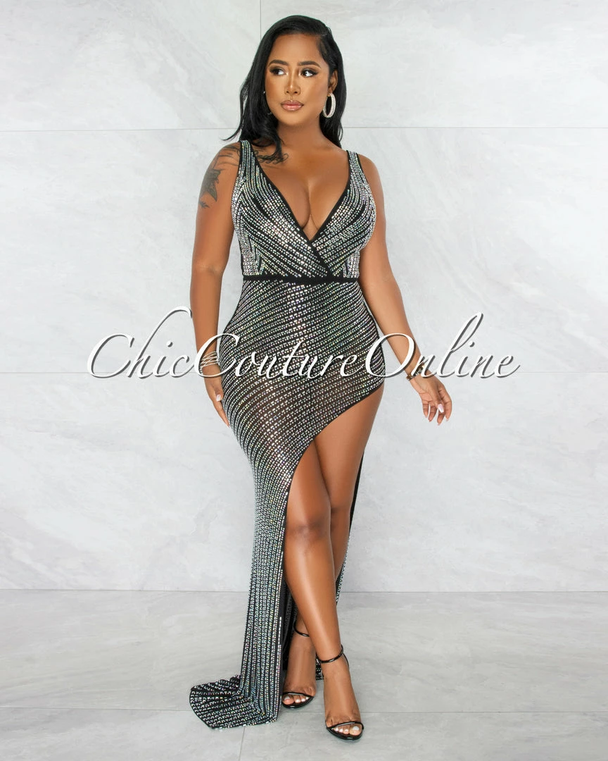 Chic Couture Online Kelby Black Mesh Rhinestones Side Slit Maxi Dress