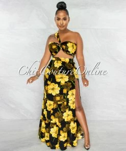 Chic Couture Online Mylie Black Yellow Floral Print Multi-Way Top & Maxi Skirt Set JUST IN