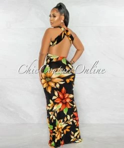 Chic Couture Online Valentina Black Multi-Color Floral Print Racer Maxi Dress