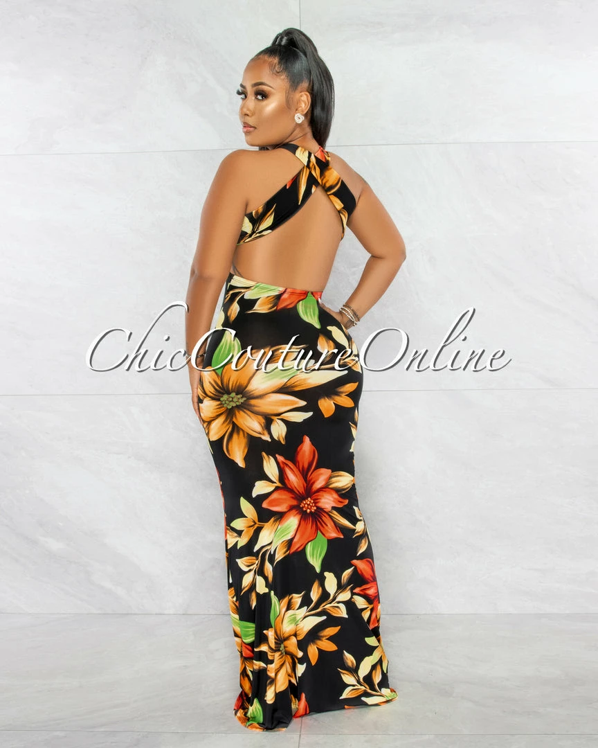 Chic Couture Online Valentina Black Multi-Color Floral Print Racer Maxi Dress