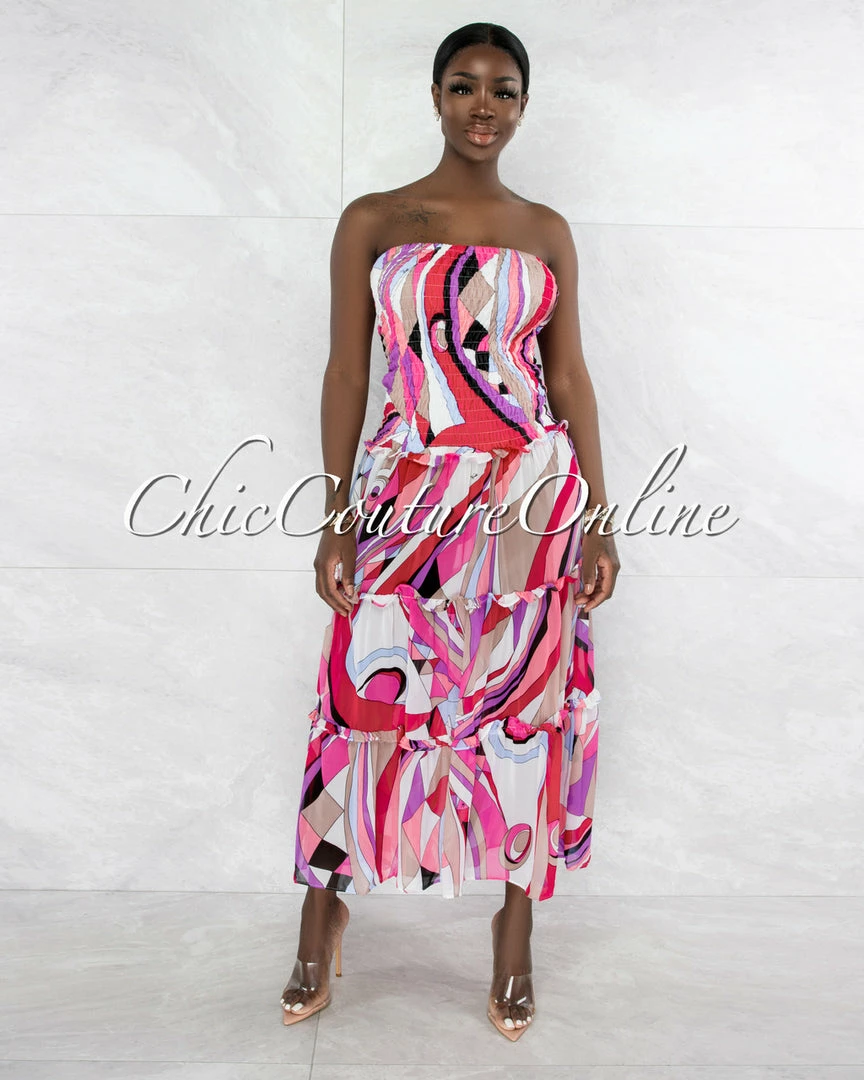 Vendor-unknown Clemons Pink Purple Print Smocked Two Piece Skirt Set