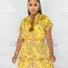Chic Couture Online JUST IN Gabra Mustard Gold Paisley Print Smocked Hem Dress