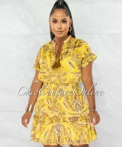 Chic Couture Online JUST IN Gabra Mustard Gold Paisley Print Smocked Hem Dress