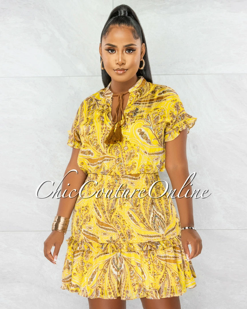 Chic Couture Online JUST IN Gabra Mustard Gold Paisley Print Smocked Hem Dress
