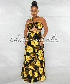 Chic Couture Online Mylie Black Yellow Floral Print Multi-Way Top & Maxi Skirt Set JUST IN