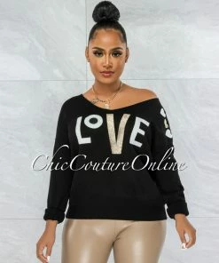 Vendor-unknown Lovely Black Gold White Graphic Knit Sweater