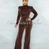 Vendor-unknown Theresa Black Copper Shimmer Houndstooth Print Sheer Jumpsuit JUST IN