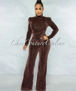 Vendor-unknown Theresa Black Copper Shimmer Houndstooth Print Sheer Jumpsuit JUST IN