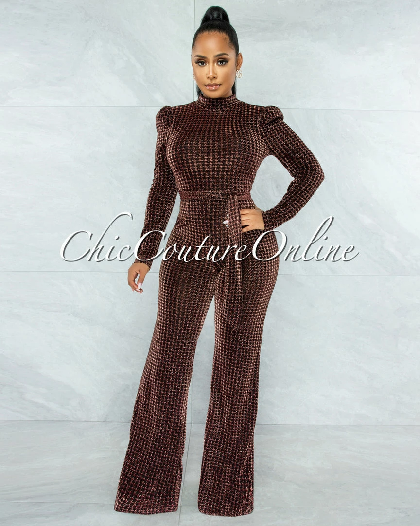 Vendor-unknown Theresa Black Copper Shimmer Houndstooth Print Sheer Jumpsuit JUST IN