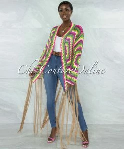 Vendor-unknown Marcina Brown Multi-Color Crochet Fringe Kimono JUST IN