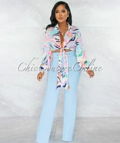 Chic Couture Online Faina Baby Blue Belt High Waist Palazzo Pants
