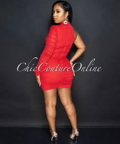 Vendor-unknown Baird Red Silver Shimmer Mesh Ruched Dress