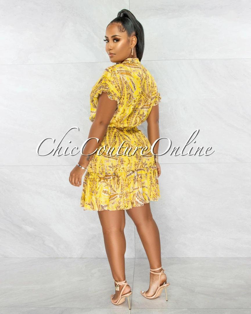 Chic Couture Online JUST IN Gabra Mustard Gold Paisley Print Smocked Hem Dress