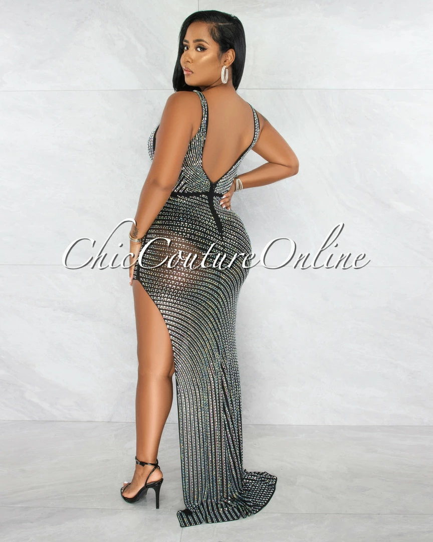 Chic Couture Online Kelby Black Mesh Rhinestones Side Slit Maxi Dress