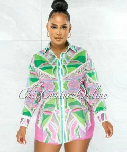 Chic Couture Online Faste Green Pink Print Buttoned Long Sleeves Shirt