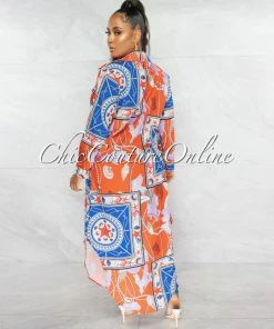 Chic Couture Online JUST IN Rochelle Orange Multi-Color Print Buttoned Shirt Maxi Duster Dress