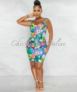Chic Couture Online Florida Multi-Color Floral Print Gold Accent Bandage Dress JUST IN
