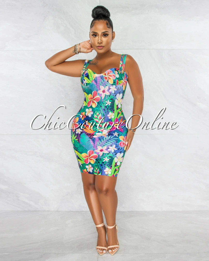 Chic Couture Online Florida Multi-Color Floral Print Gold Accent Bandage Dress JUST IN