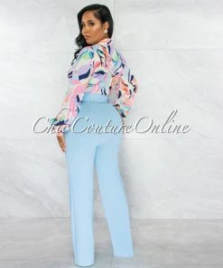 Chic Couture Online Faina Baby Blue Belt High Waist Palazzo Pants
