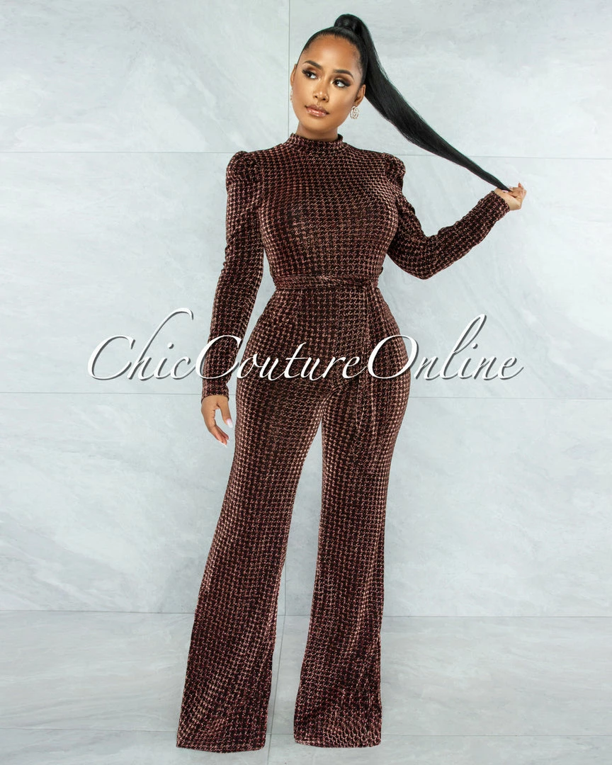 Vendor-unknown Theresa Black Copper Shimmer Houndstooth Print Sheer Jumpsuit JUST IN