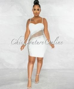 Vendor-unknown Toraya Off-White Fishnet Accent Rhinestones Dress JUST IN