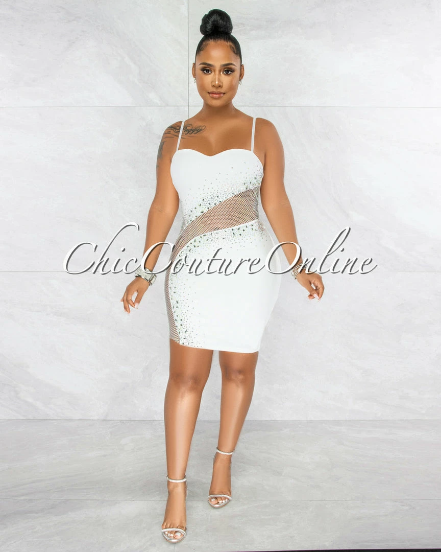 Vendor-unknown Toraya Off-White Fishnet Accent Rhinestones Dress JUST IN