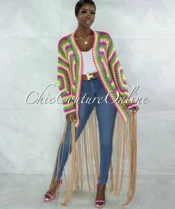 Vendor-unknown Marcina Brown Multi-Color Crochet Fringe Kimono JUST IN