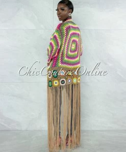 Vendor-unknown Marcina Brown Multi-Color Crochet Fringe Kimono JUST IN