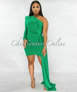 Vendor-unknown Cameo Kelly Green Single Sleeve Long Strap Accent Dress