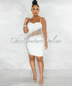 Vendor-unknown Toraya Off-White Fishnet Accent Rhinestones Dress JUST IN