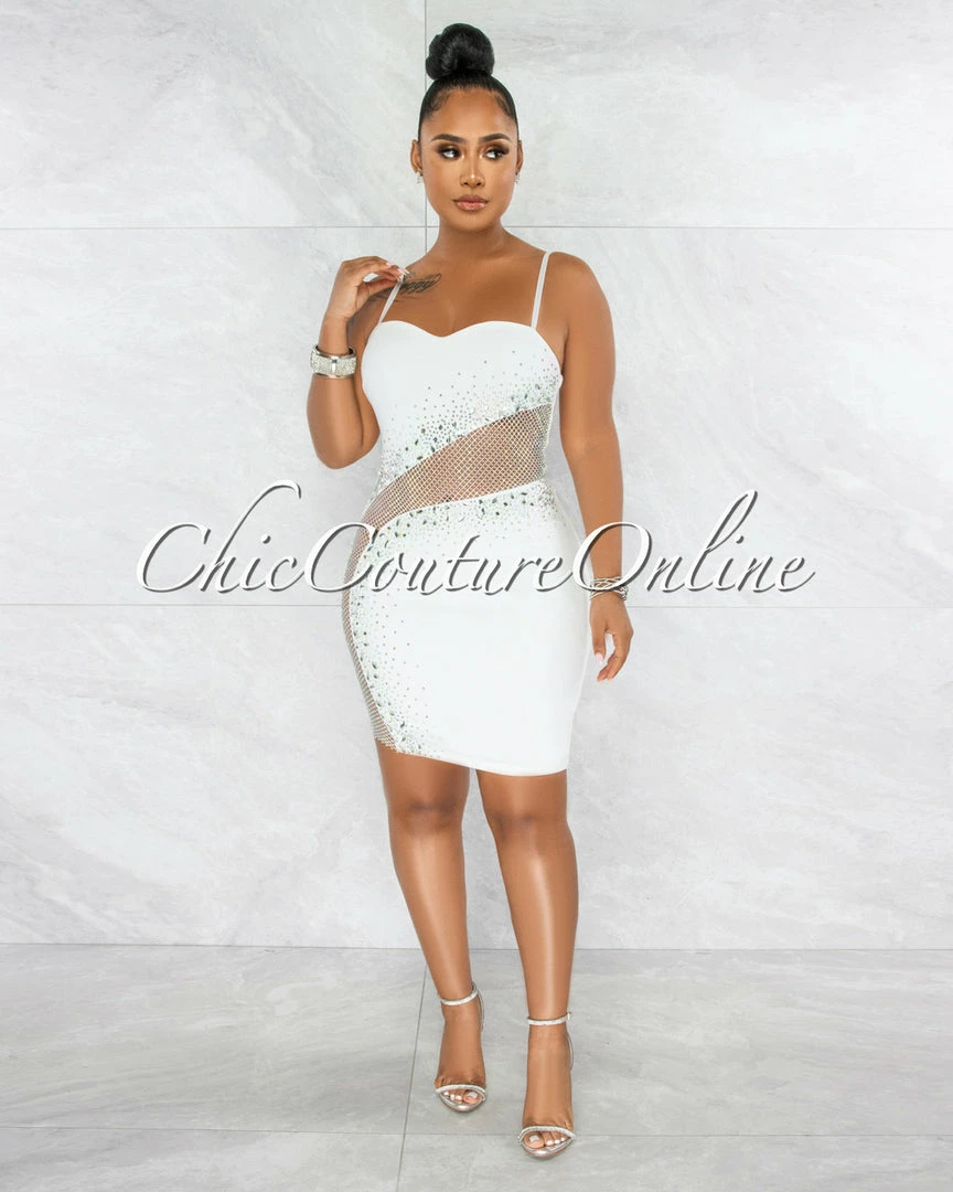 Vendor-unknown Toraya Off-White Fishnet Accent Rhinestones Dress JUST IN