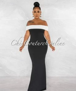 Chic Couture Online Brenda Black White Off-The Shoulder Semi-Mermaid Maxi Dress JUST IN