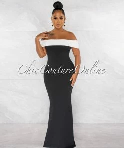 Chic Couture Online Brenda Black White Off-The Shoulder Semi-Mermaid Maxi Dress JUST IN