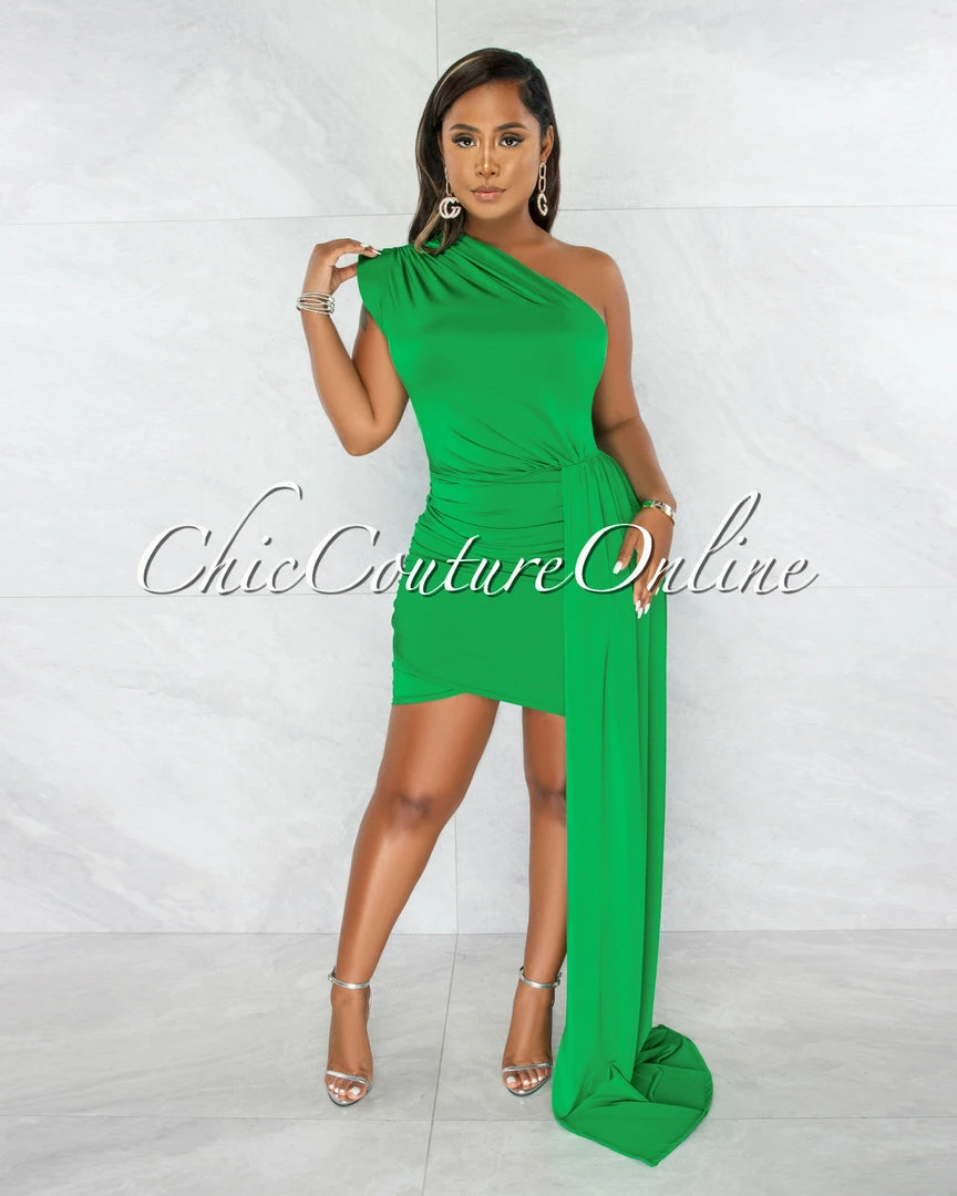 Vendor-unknown Briah Green Single Shoulder Train Dress JUST IN