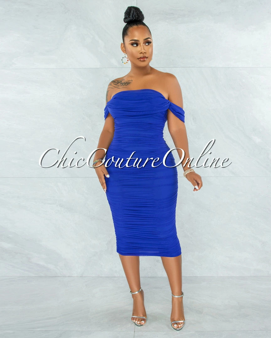 Chic Couture Online Becca Royal Blue Mesh Overlay Ruched Off-The Shoulder Dress