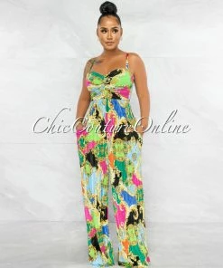 Vendor-unknown JUST IN Takona Multi-Color Print Pleated Back Tie Jumpsuit