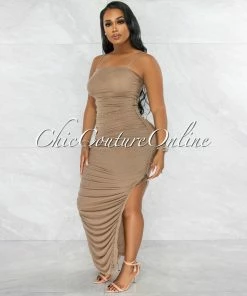 Vendor-unknown Camilo Mocha Mesh Ruched Sheer Maxi Dress