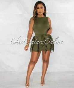 Chic Couture Online Granier Olive Green Bodysuit & Fringe Shorts Set JUST IN