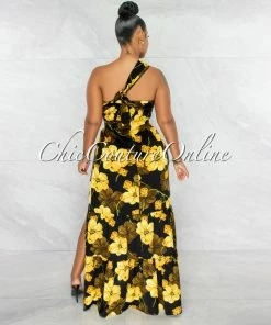 Chic Couture Online Mylie Black Yellow Floral Print Multi-Way Top & Maxi Skirt Set JUST IN