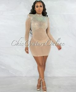 Vendor-unknown Patrina Nude Iridescent Rhinestones Mesh Mini Dress JUST IN
