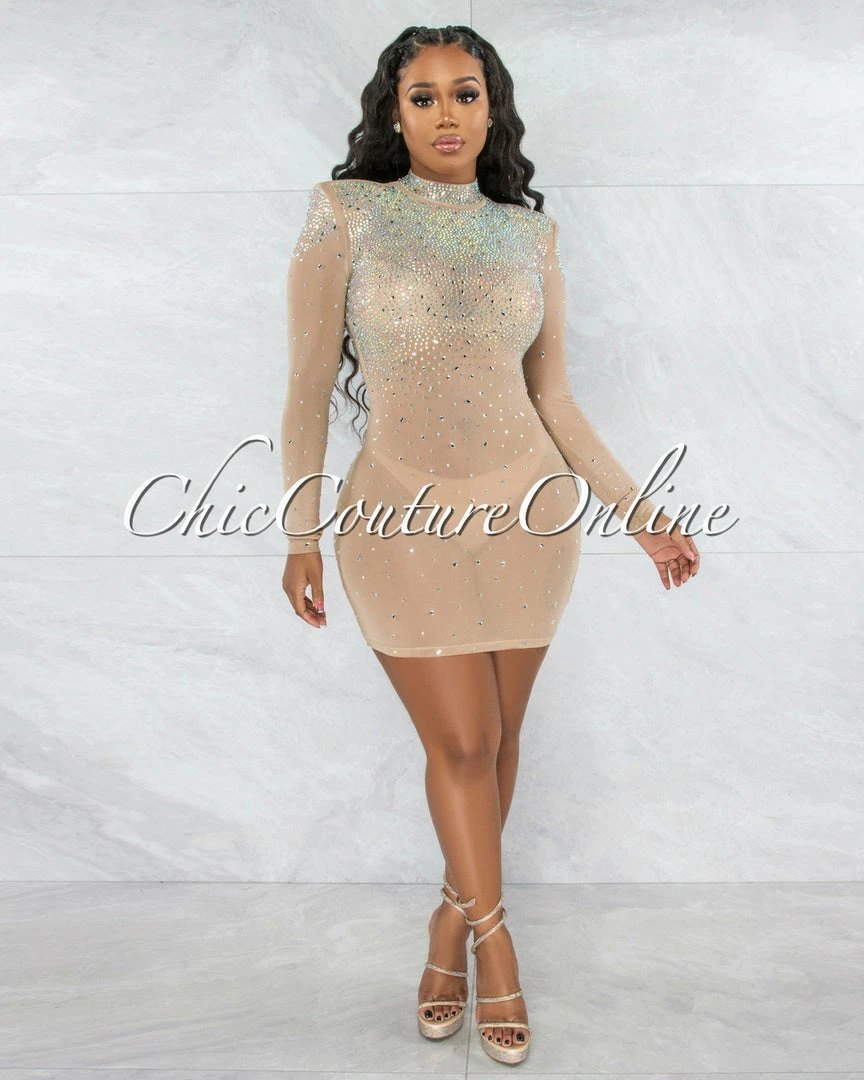 Vendor-unknown Patrina Nude Iridescent Rhinestones Mesh Mini Dress JUST IN