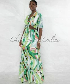 Vendor-unknown Clemons White Green Print Smocked Two Piece Skirt Set JUST IN