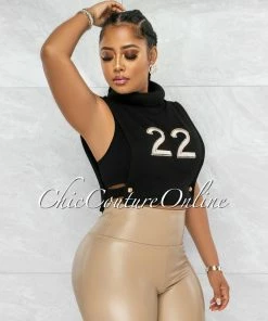 Vendor-unknown JUST IN Sandra Black #22 Turtle Neck Open Sides Crop Top