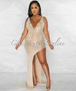Chic Couture Online Kelby Nude Mesh Rhinestones Side Slit Maxi Dress