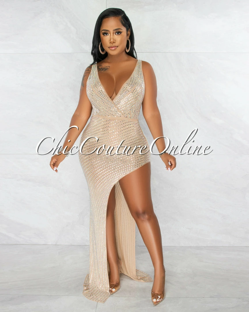Chic Couture Online Kelby Nude Mesh Rhinestones Side Slit Maxi Dress