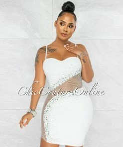 Vendor-unknown Toraya Off-White Fishnet Accent Rhinestones Dress JUST IN