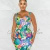Chic Couture Online Florida Multi-Color Floral Print Gold Accent Bandage Dress JUST IN