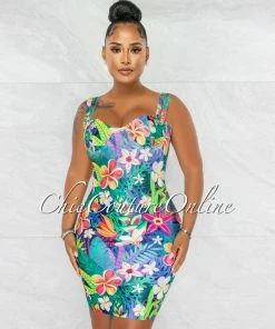 Chic Couture Online Florida Multi-Color Floral Print Gold Accent Bandage Dress JUST IN