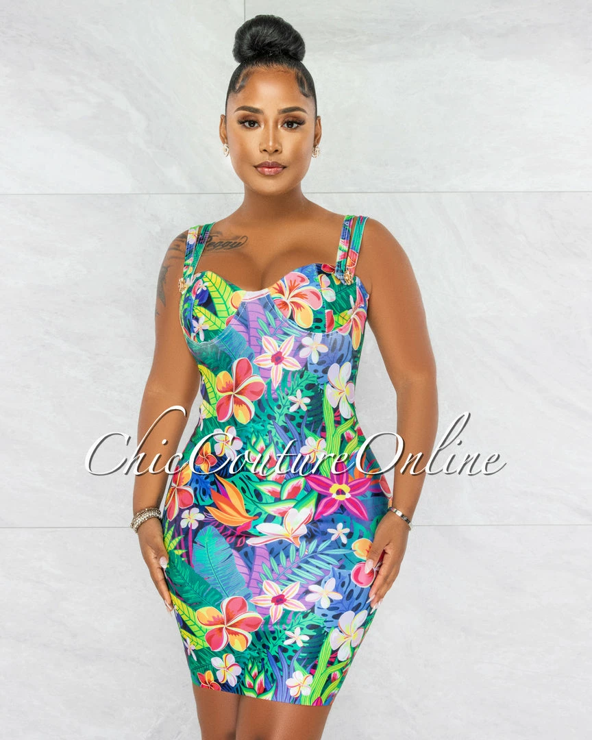 Chic Couture Online Florida Multi-Color Floral Print Gold Accent Bandage Dress JUST IN
